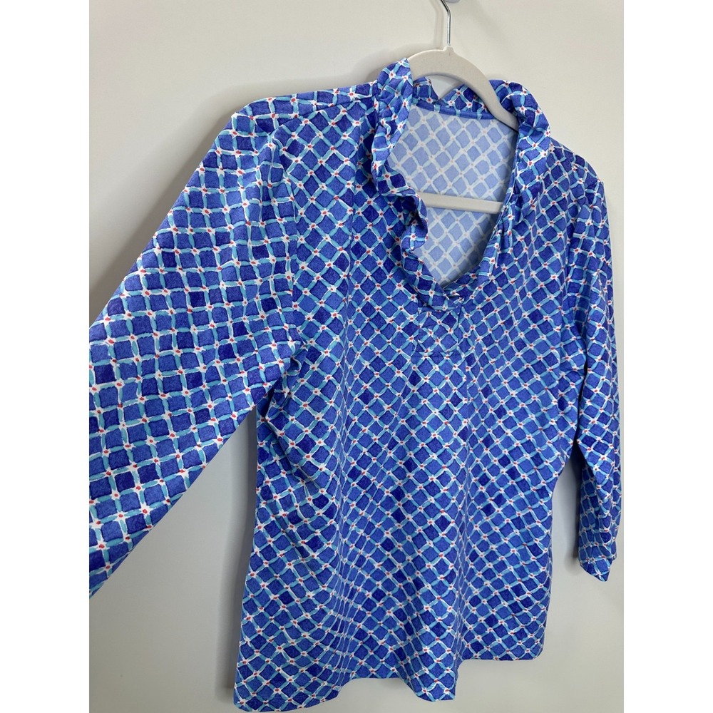 J.McLaughlin Blue Geometric Ruffle Neck 3/4 Sleeve Top No Size Preppy Coastal - Picture 8 of 10